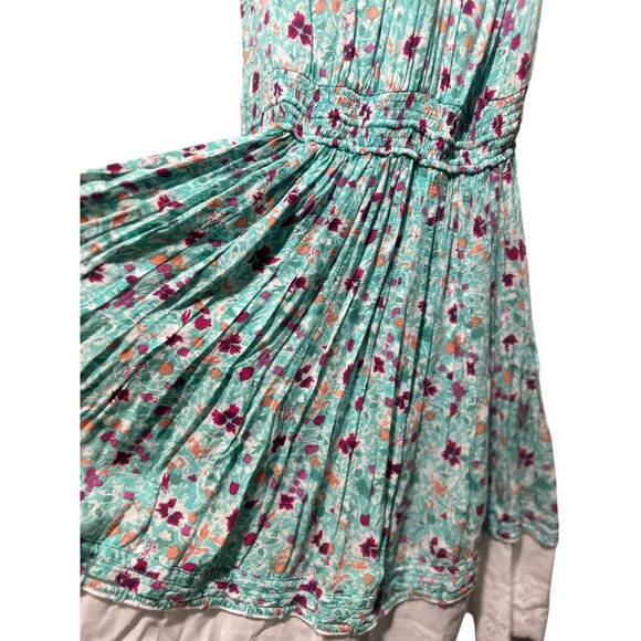 Poupette St.Barth Floral Midi Dress Women Small Aqua Elastic Waist Tassel Resort - Picture 11 of 16